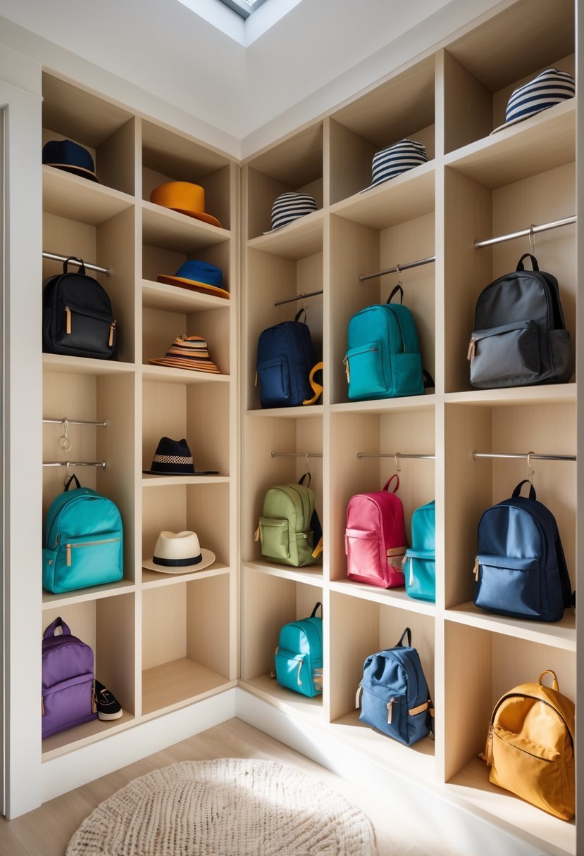 A hallway closet with cubbies neatly organized with backpacks and hats.