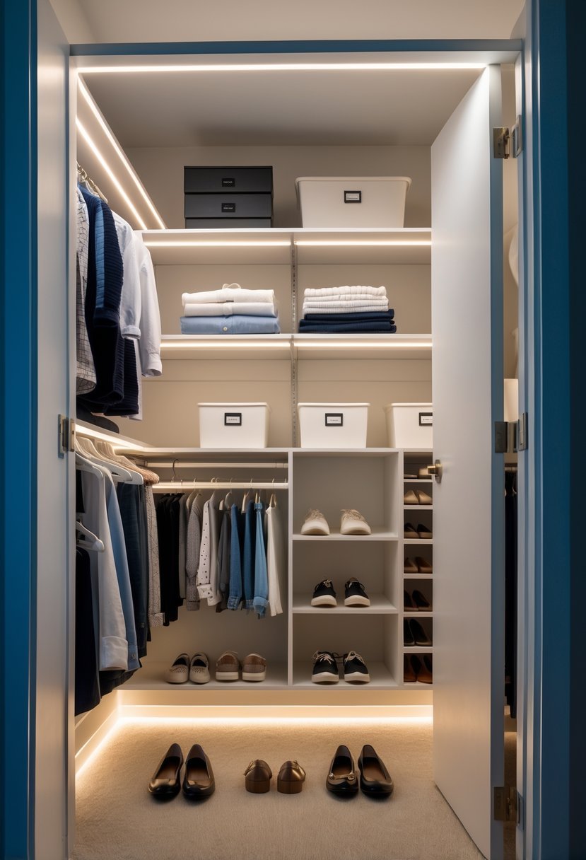 A hallway closet with LED strip lighting installed, showing organized shelves with clothes, storage bins, and shoes.