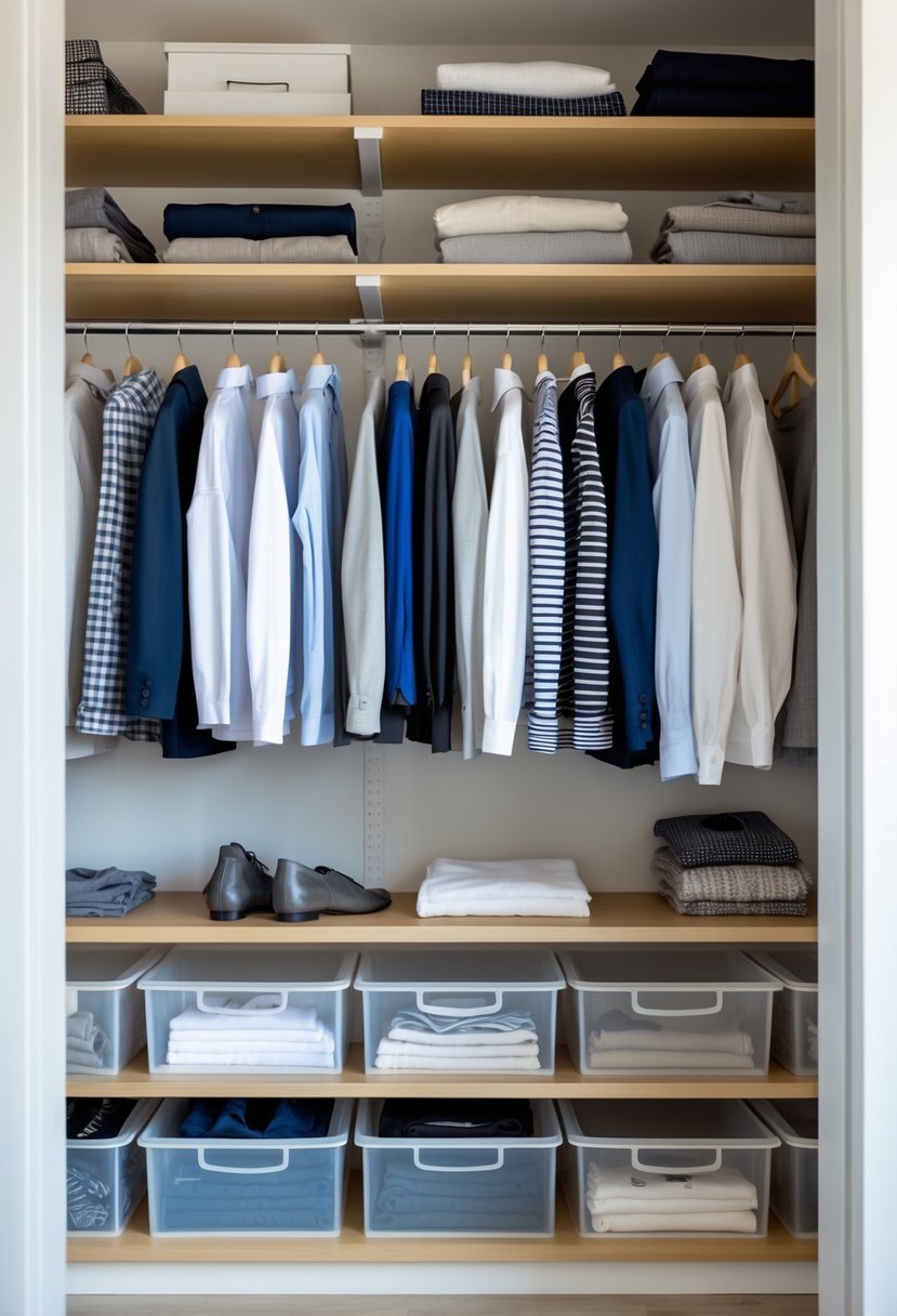 A hallway closet organized with slim hangers holding clothes and shelves with storage bins and folded items.