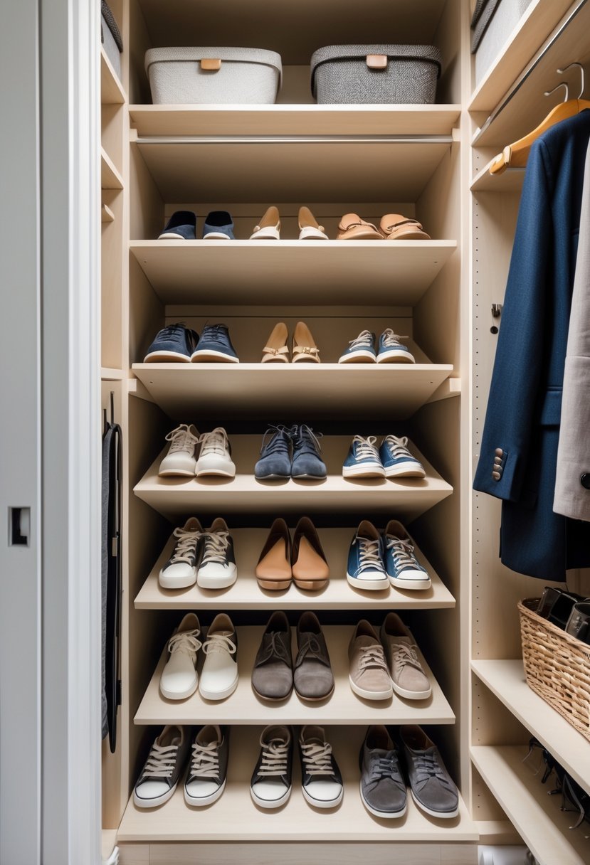 A hallway closet with a shoe rack featuring tilted shelves holding various pairs of shoes, surrounded by organized storage items.
