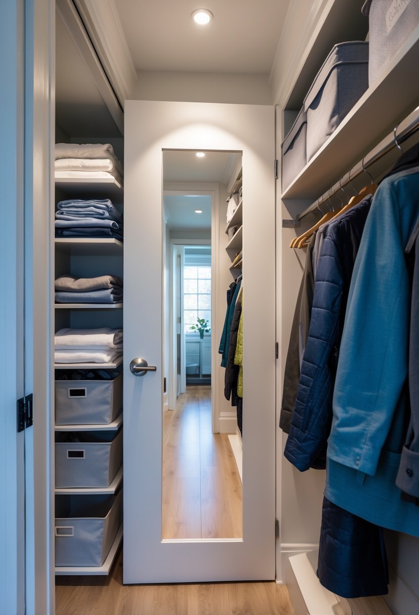 An open hallway closet with a small mirror mounted on the inside of the door, showing organized shelves and hanging clothes.