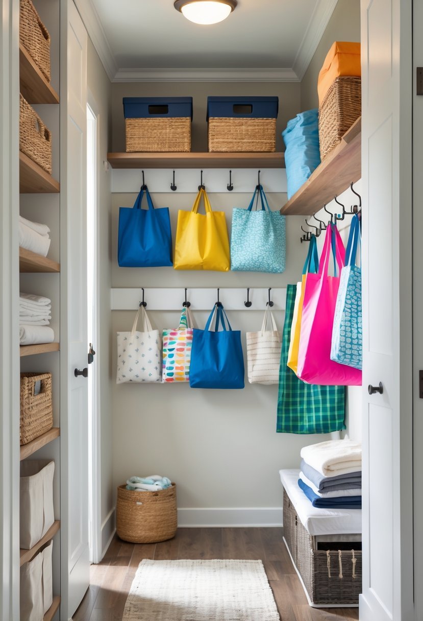 A hallway closet with hooks holding reusable shopping bags and neatly arranged shelves with storage bins and household items.