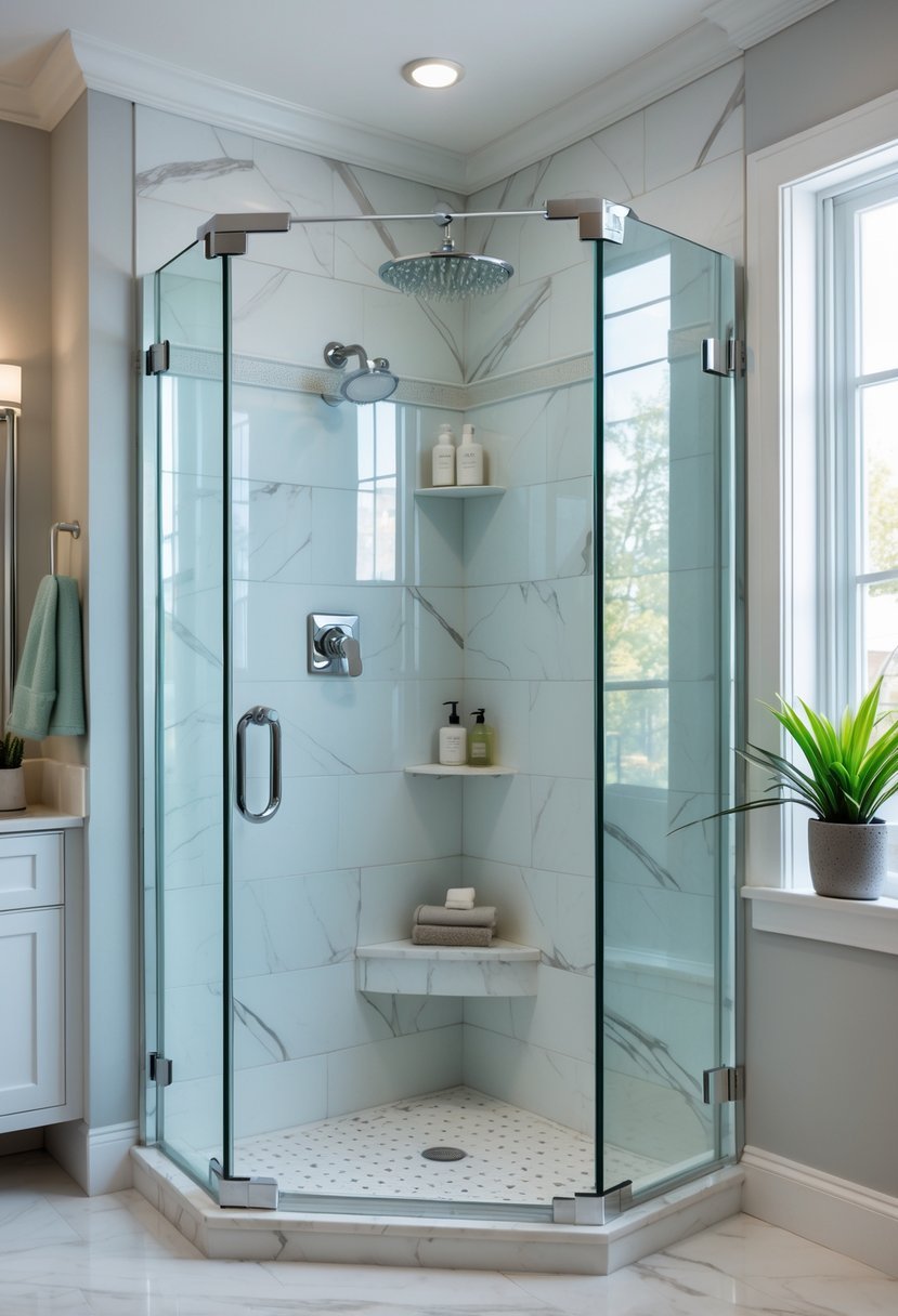 A modern bathroom with a clear glass neo-angle corner shower featuring marble tiles and chrome fixtures.