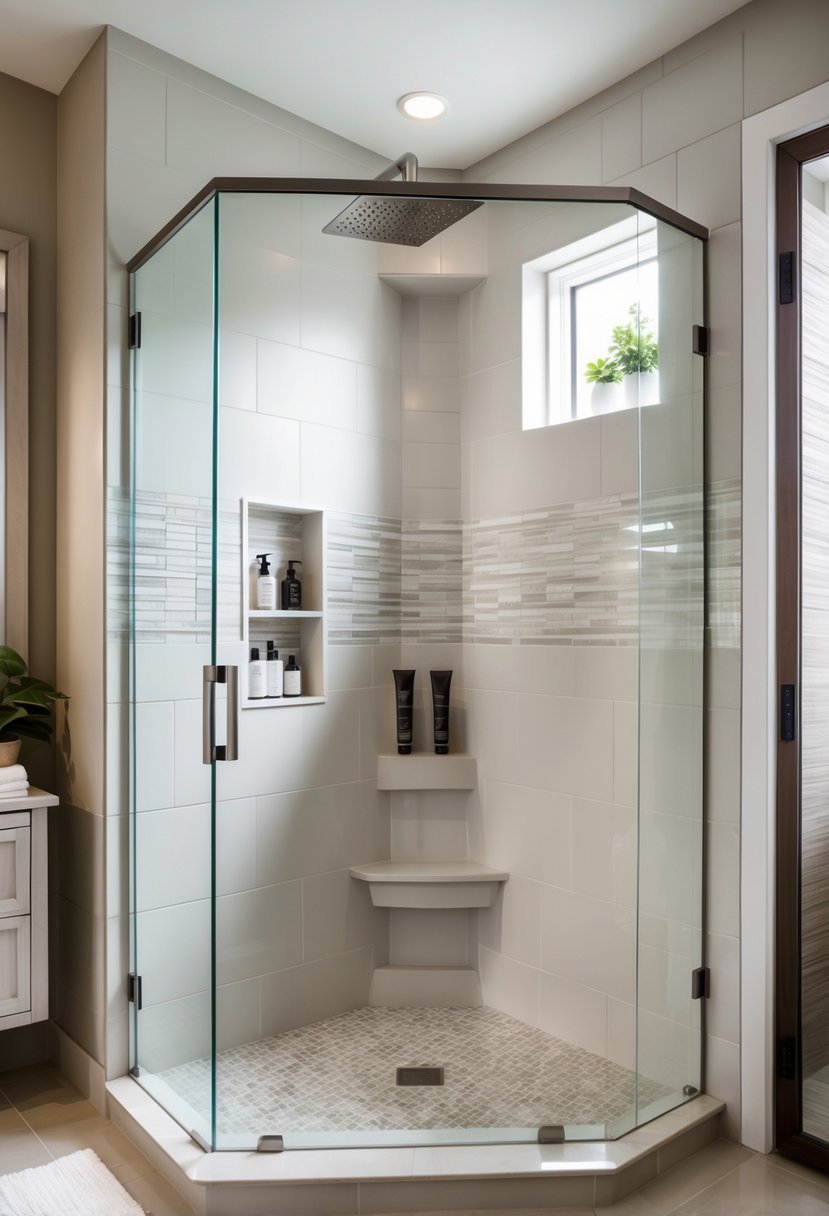 Walk-in corner shower with glass enclosure and built-in niche holding bath products.