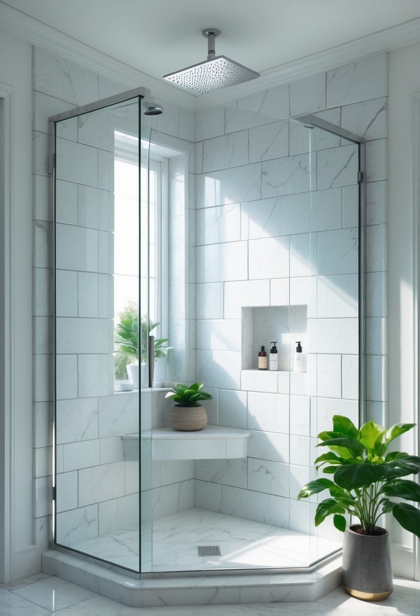 A corner shower with white marble tiles, glass enclosure, and a rainfall showerhead.