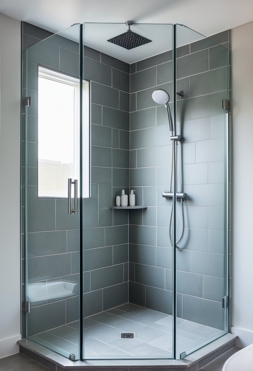 A corner shower with gray porcelain tiles, glass door, and chrome fixtures in a clean bathroom setting.