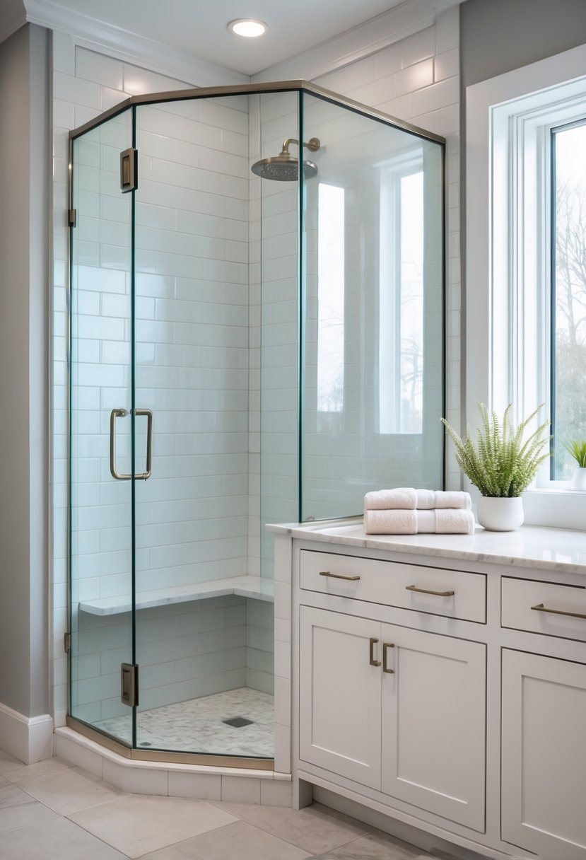 A bathroom corner with a white shaker cabinet next to a glass door corner shower with tiled walls and floor.