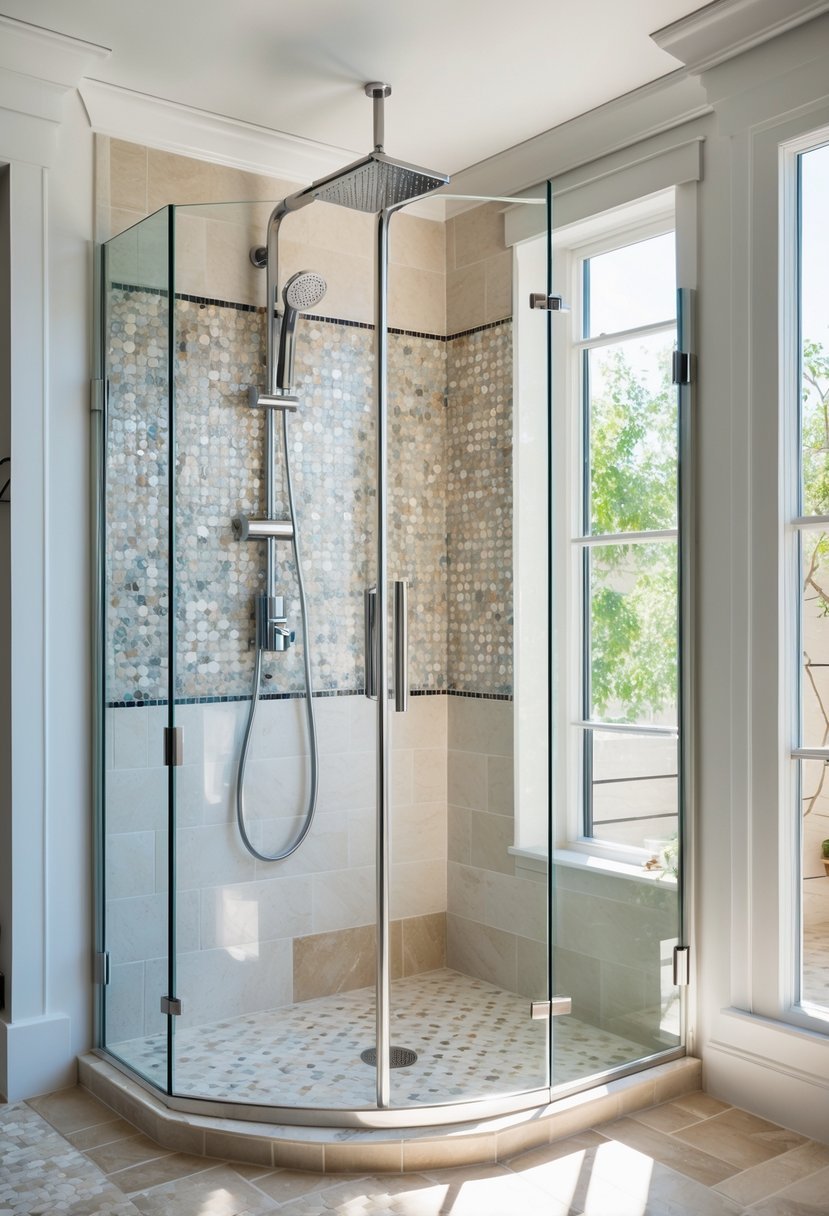 A corner shower with mosaic tile accents, clear glass panels, and chrome fixtures in a bright bathroom.