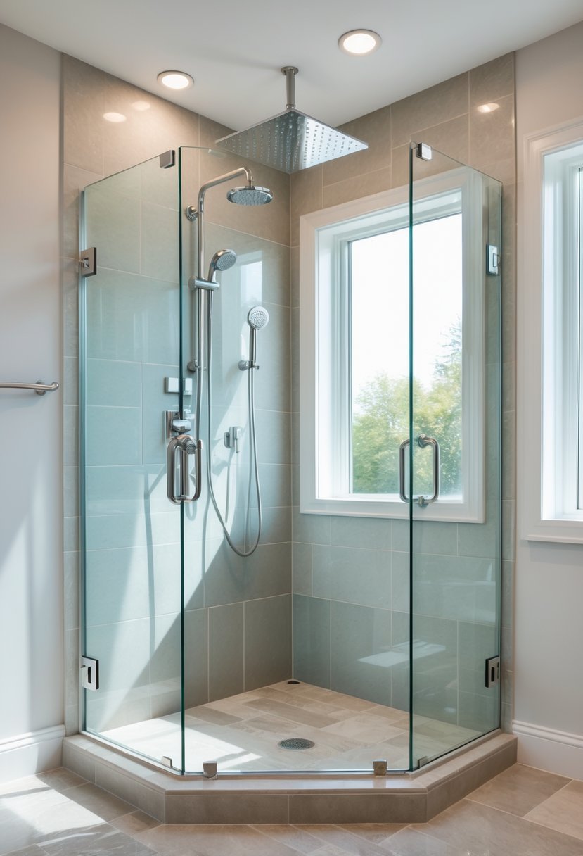 A frameless glass corner shower enclosure in a bright bathroom with tiled floors and chrome shower fixtures.