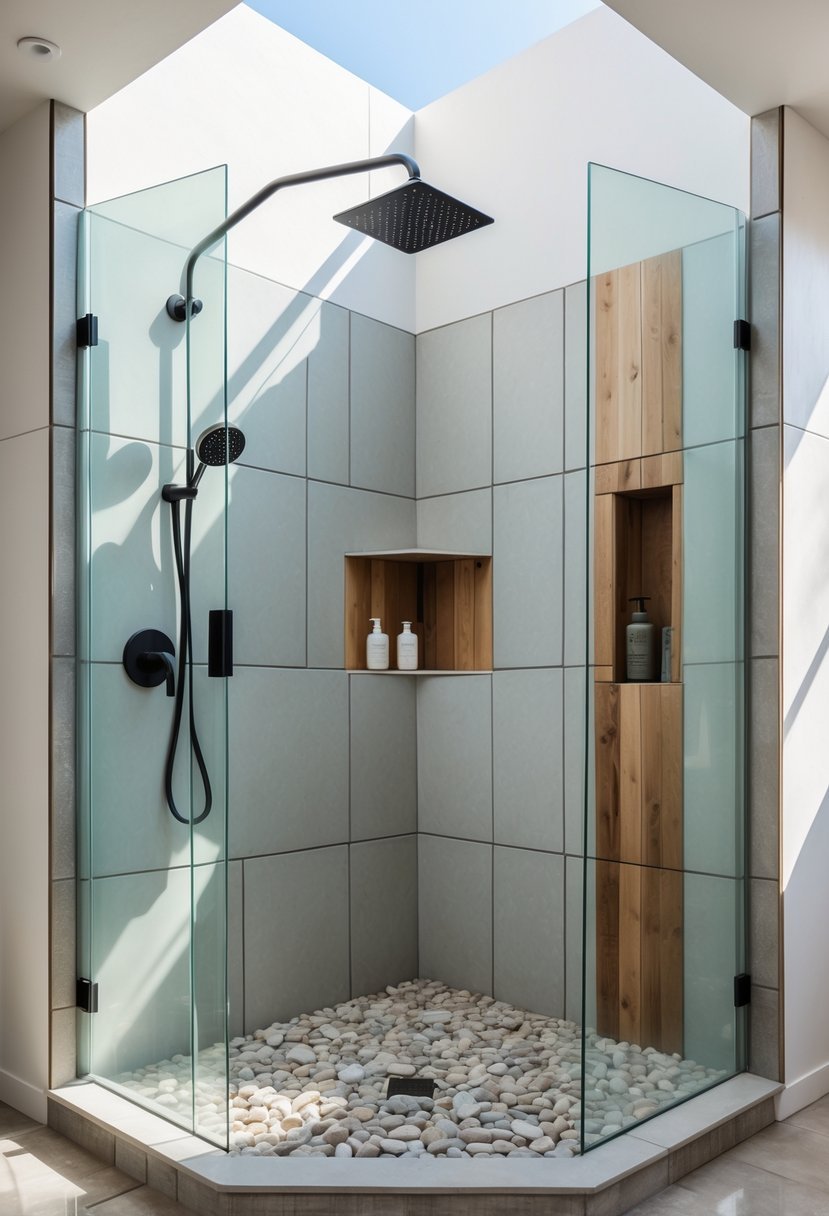 A modern 16-corner shower made from eco-friendly recycled materials inside a bright bathroom.