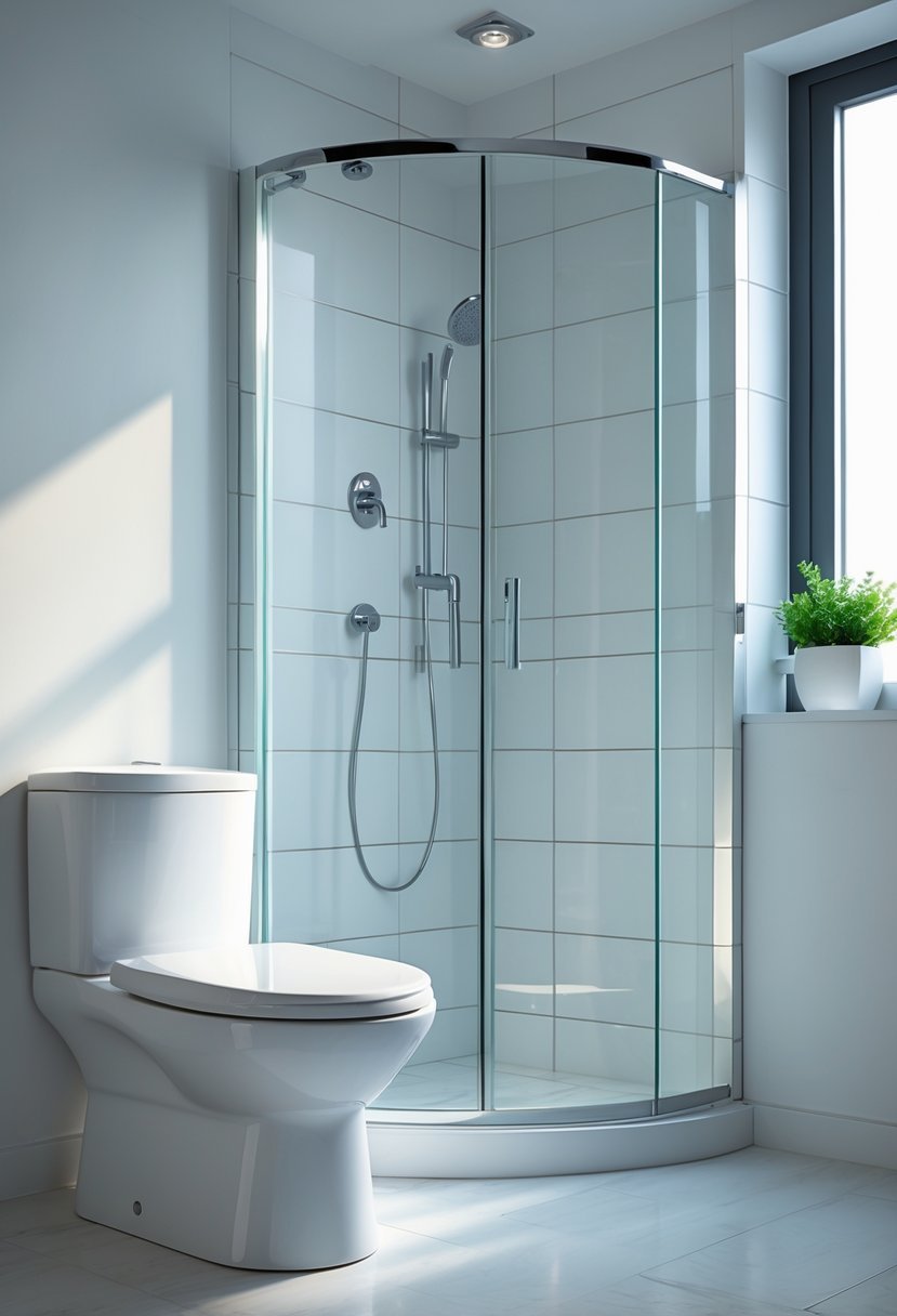 A bathroom with a two-piece toilet next to a corner shower with glass doors.