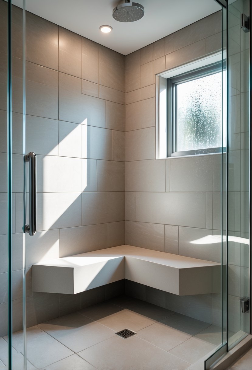 A corner shower with an undermount stone bench inside a tiled enclosure and a glass door.
