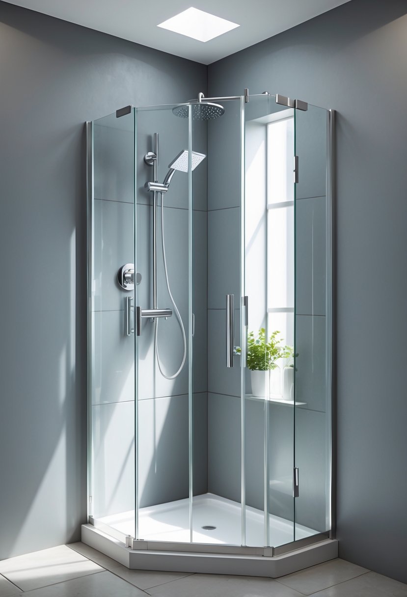 A bathroom corner with a glass door shower and gray painted walls.