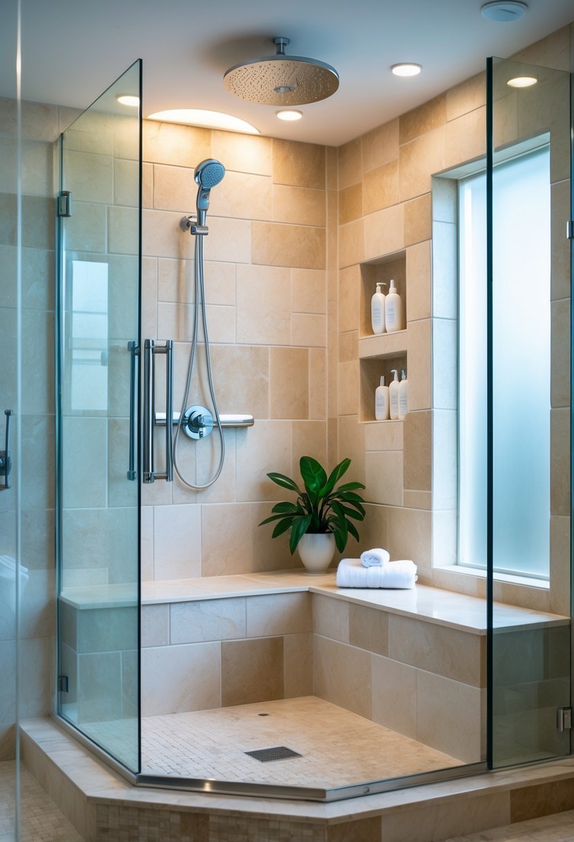 Corner shower with glass doors, stone tiles, a bench with towel, and spa products in a bright bathroom.