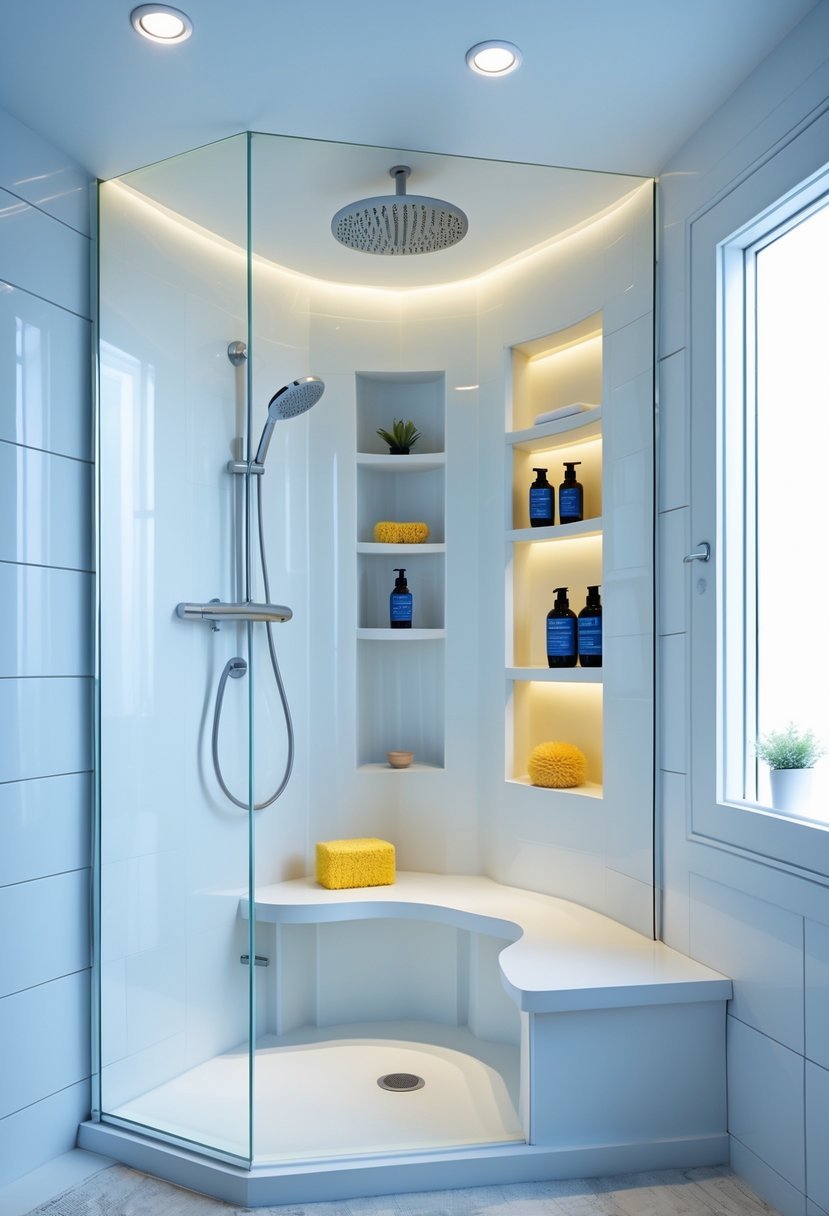 A corner shower with glass walls and built-in shelves holding toiletries in a clean bathroom.