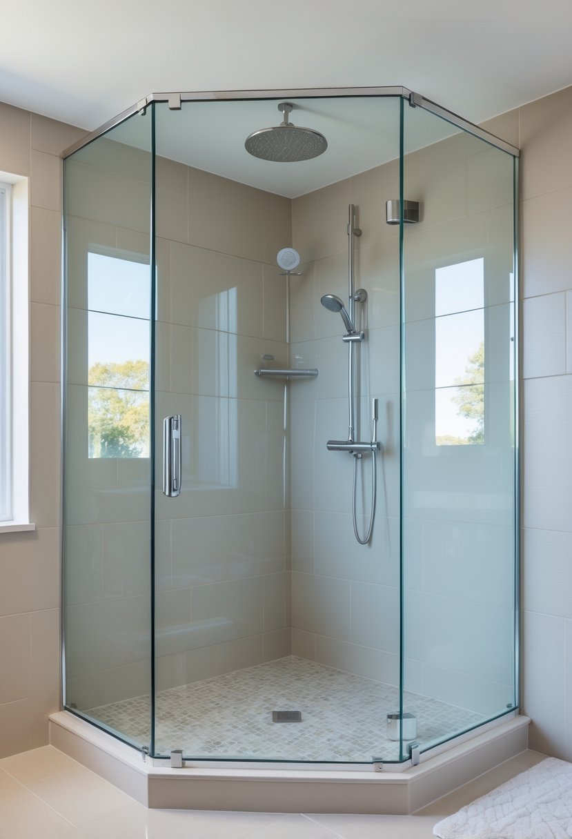 A modern corner shower with clear glass panels and large neutral-toned tiles inside a bright bathroom.