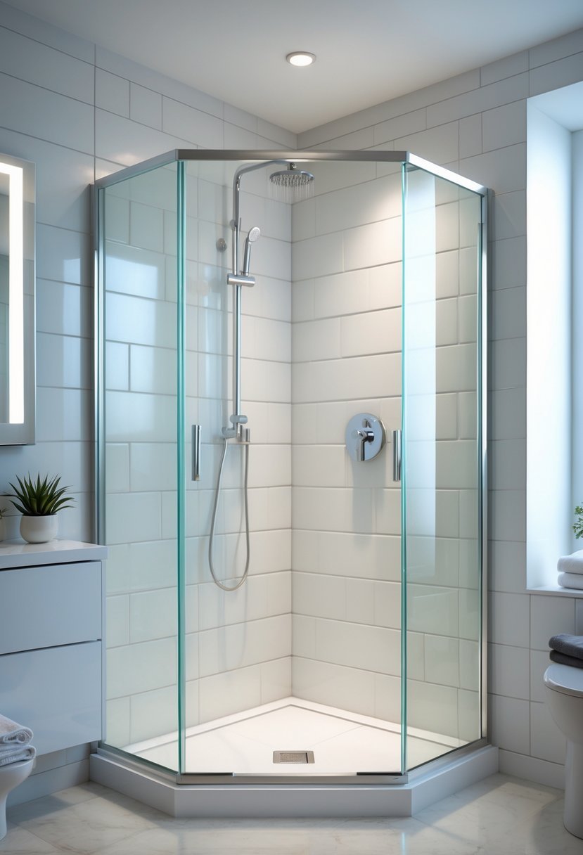 Compact corner shower with clear glass walls and tiled interior in a small bathroom with a white vanity and natural light.