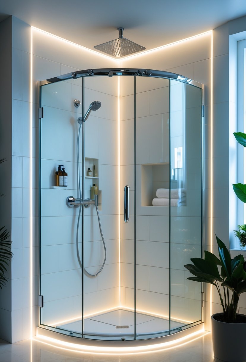 A corner shower with glass doors, LED lighting, a rainfall showerhead, and white and gray tiles in a bright bathroom.