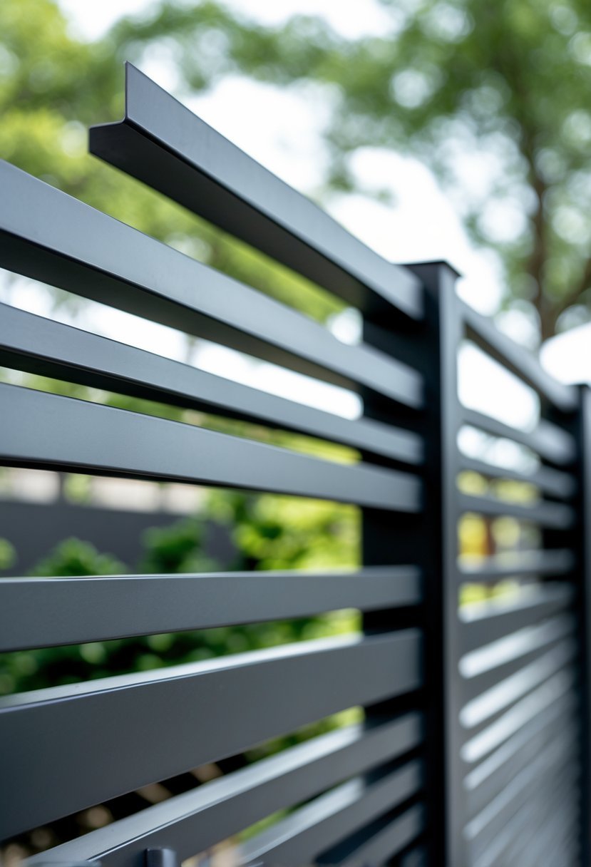 A matte black steel fence with horizontal slats outdoors with greenery in the background.