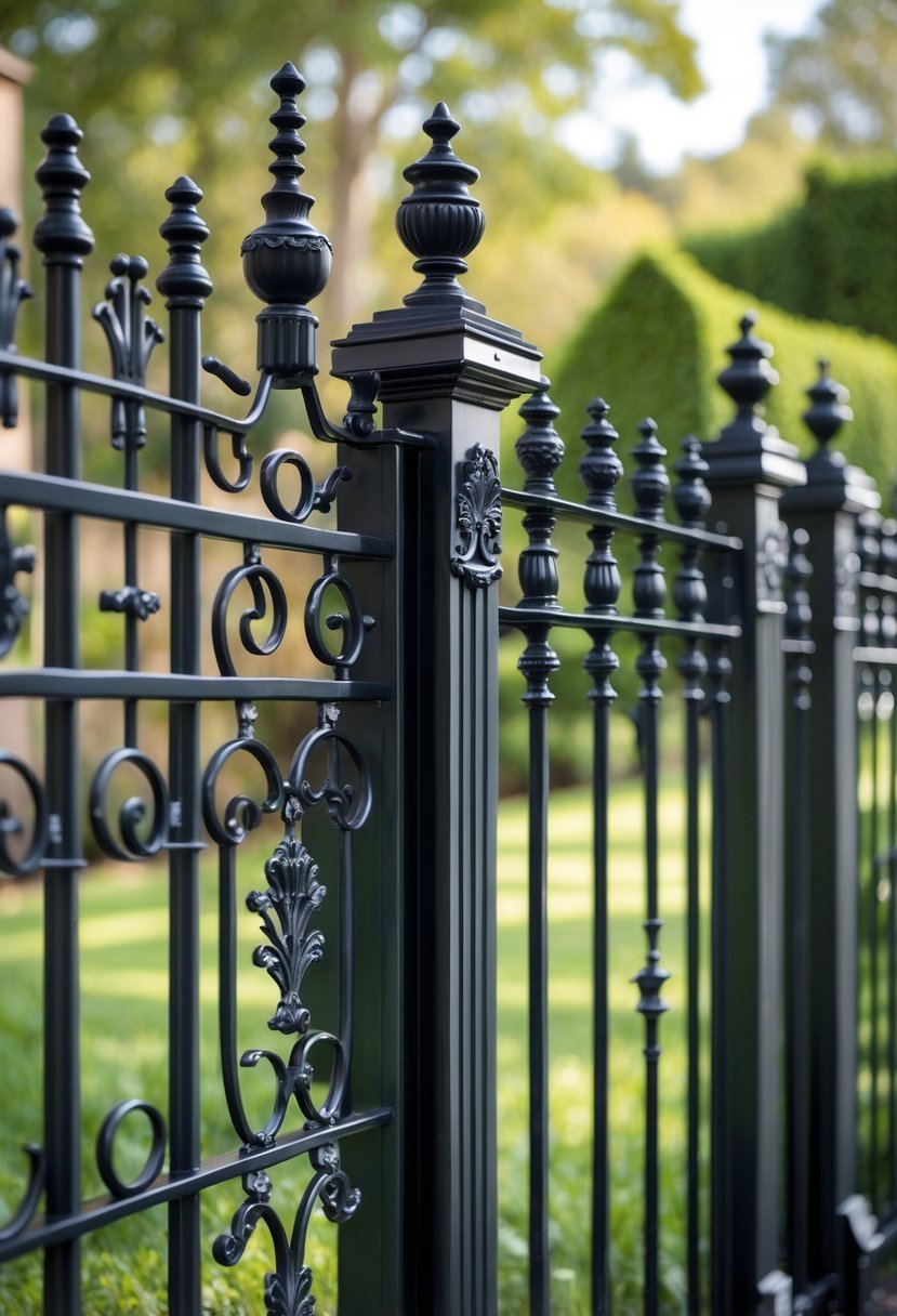 A black wrought iron fence with detailed decorative patterns outdoors in a garden setting.