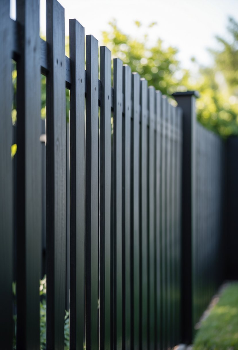 A black wooden fence made of vertical panels with greenery behind it.
