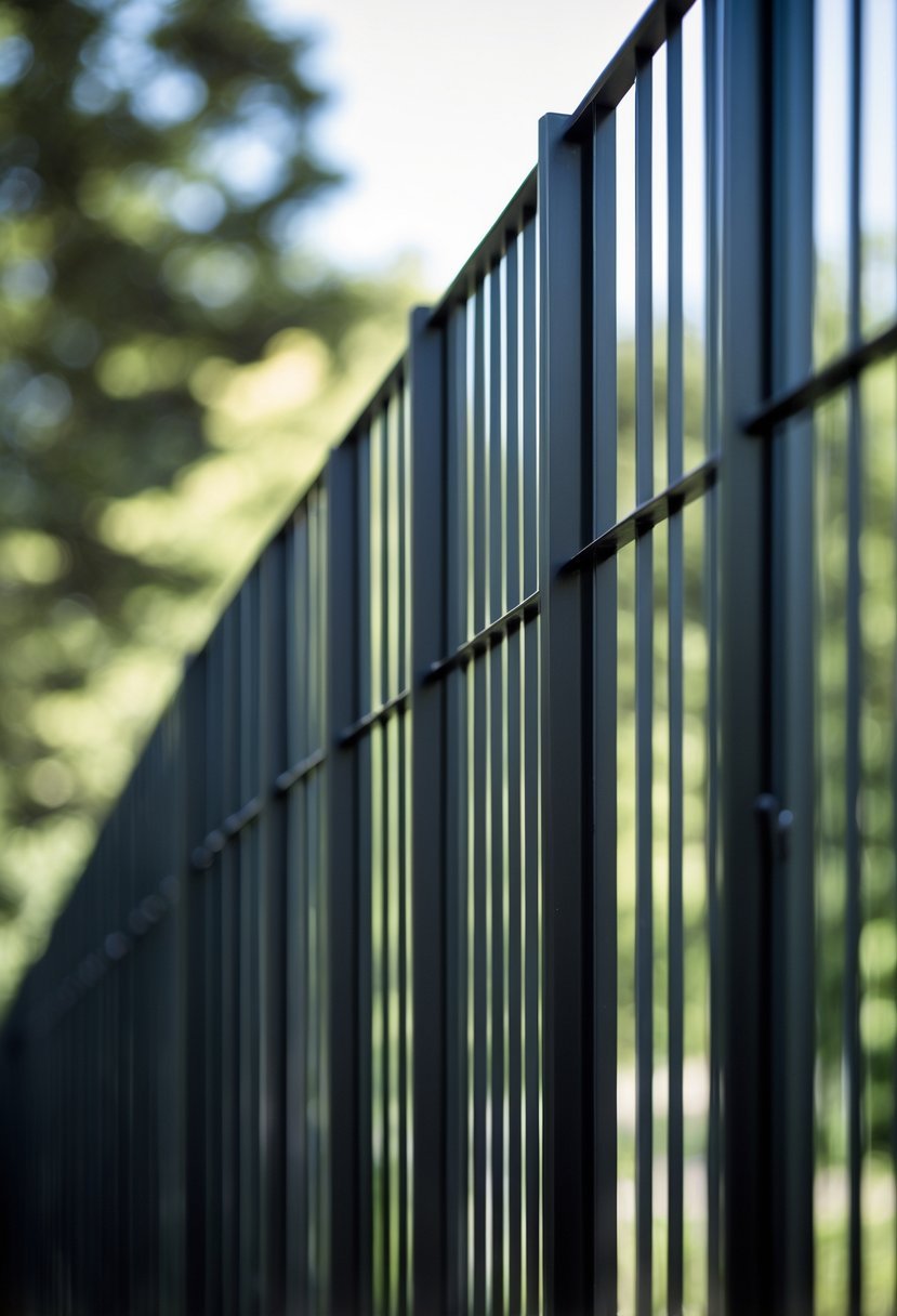 A black metal privacy fence with narrow vertical gaps in front of blurred green plants.