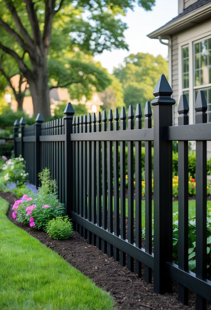 A black picket fence bordering a green lawn with flowers and a house in the background.