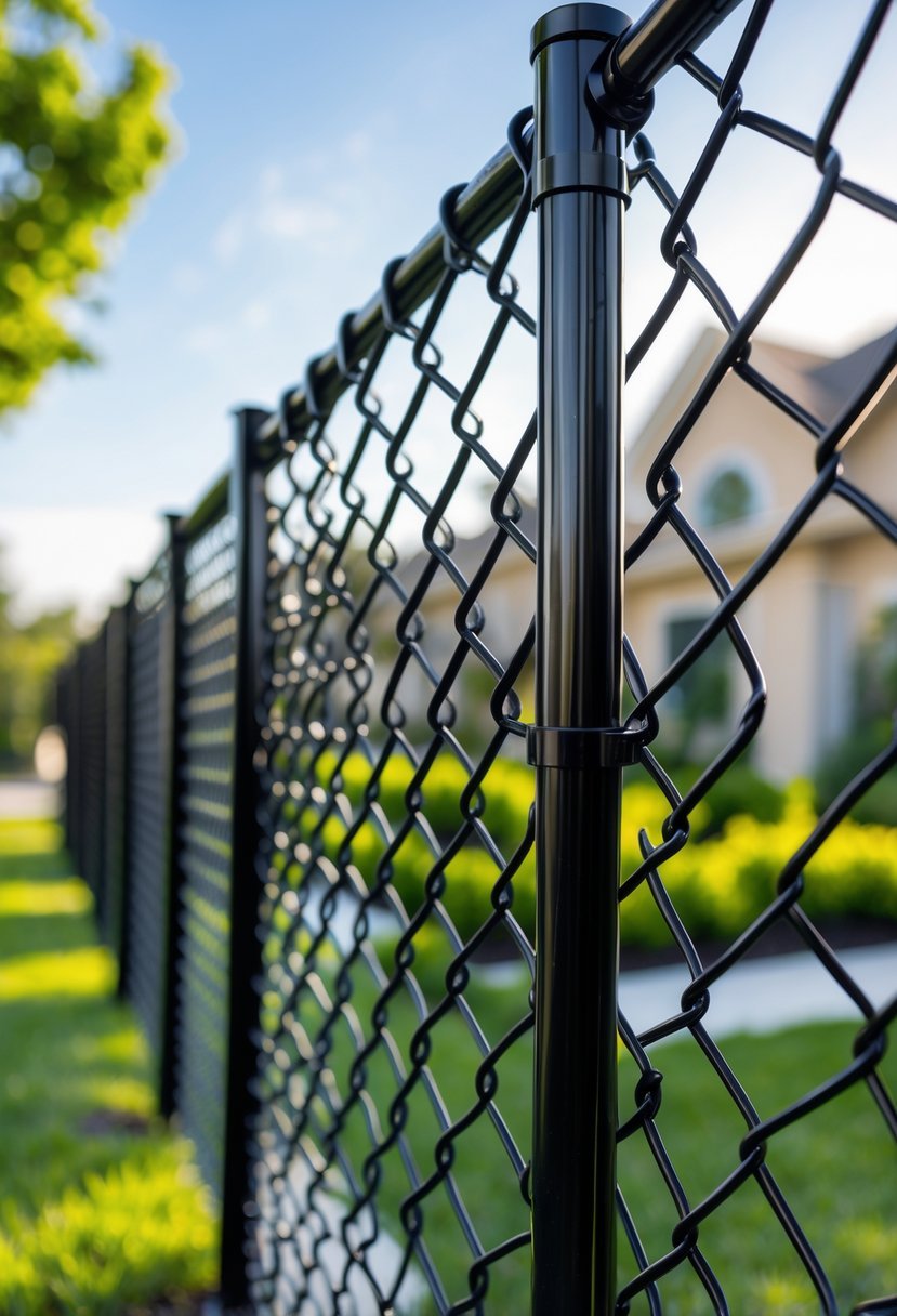A black chain-link fence with vinyl coating outdoors near green grass and plants under a clear sky.