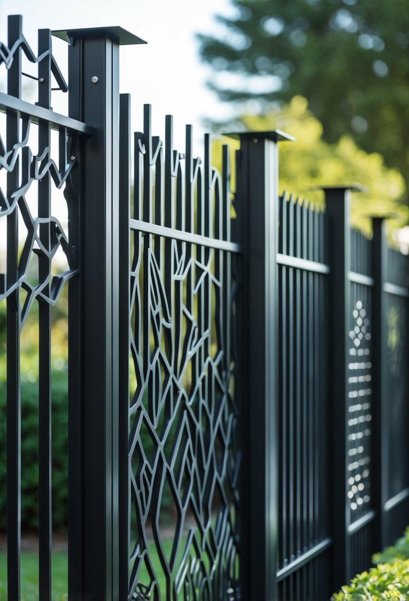 Black steel fence panels with various laser-cut patterns outdoors in a garden setting.
