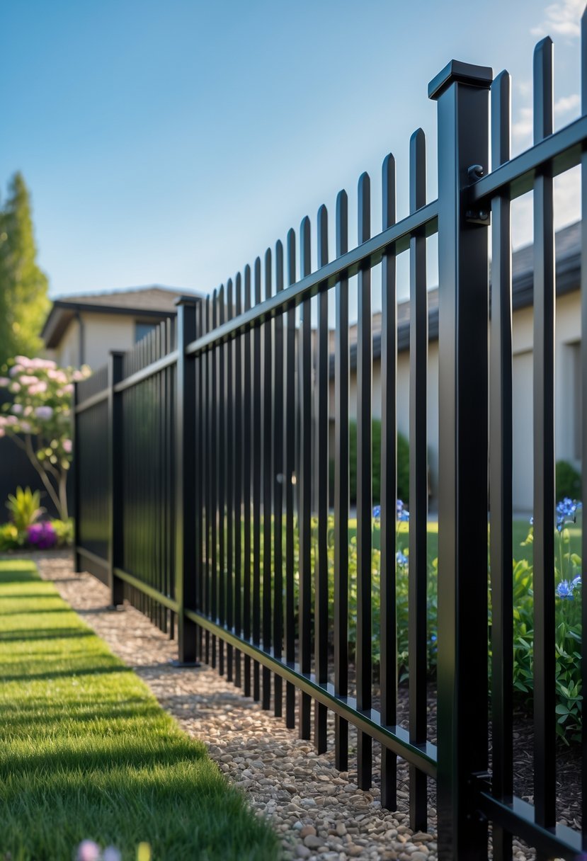 A black aluminum fence with vertical bars surrounding a garden with grass and plants under a clear sky.