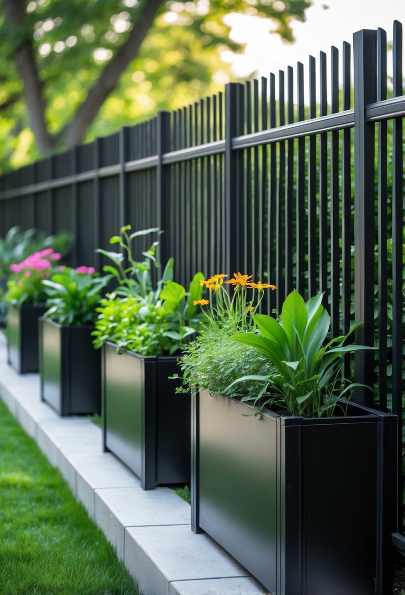 Black garden fence with built-in planter boxes filled with green plants and flowers in a garden setting.