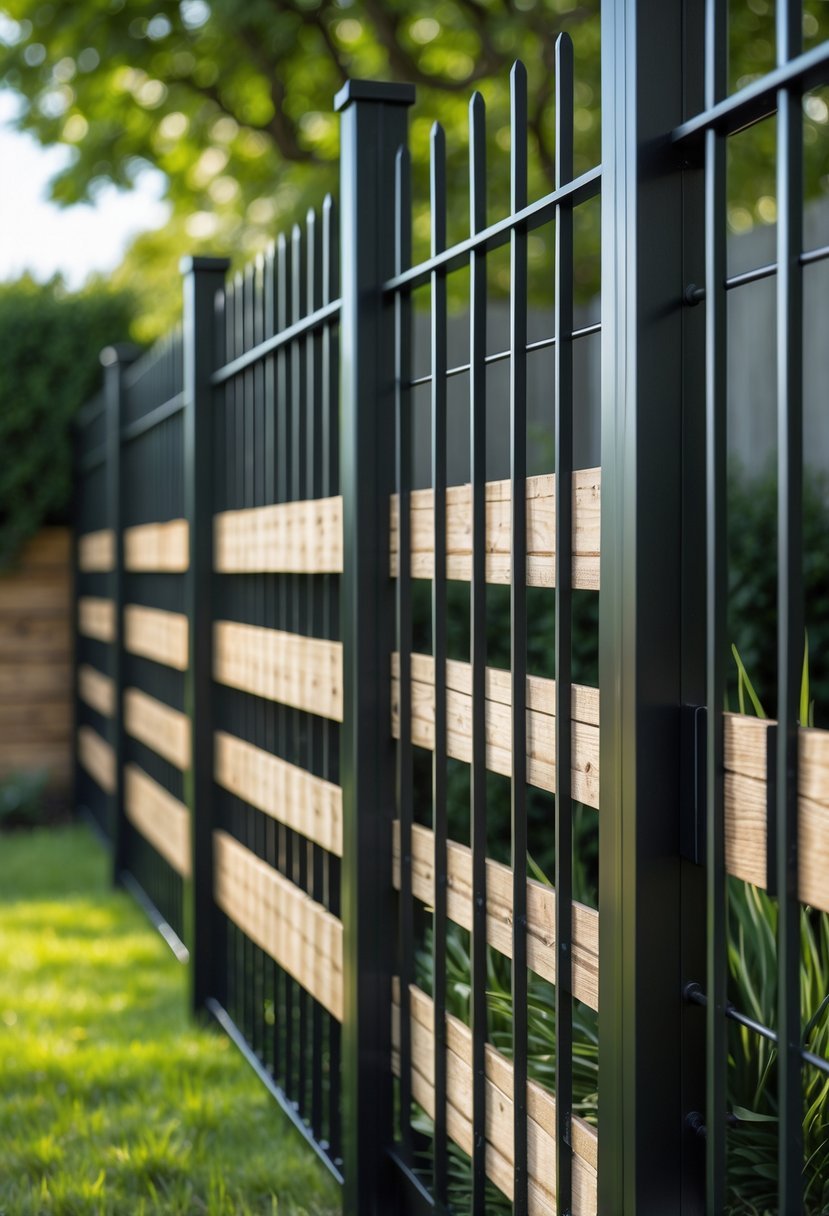 Black fence made of wood and metal panels outdoors with grass and plants in the background.
