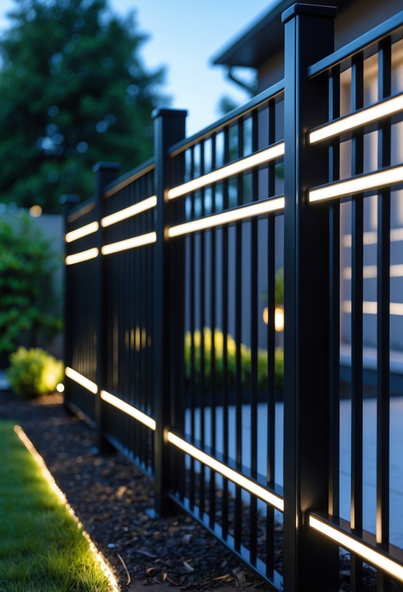 A black fence with built-in LED lights glowing softly at dusk in a garden setting.