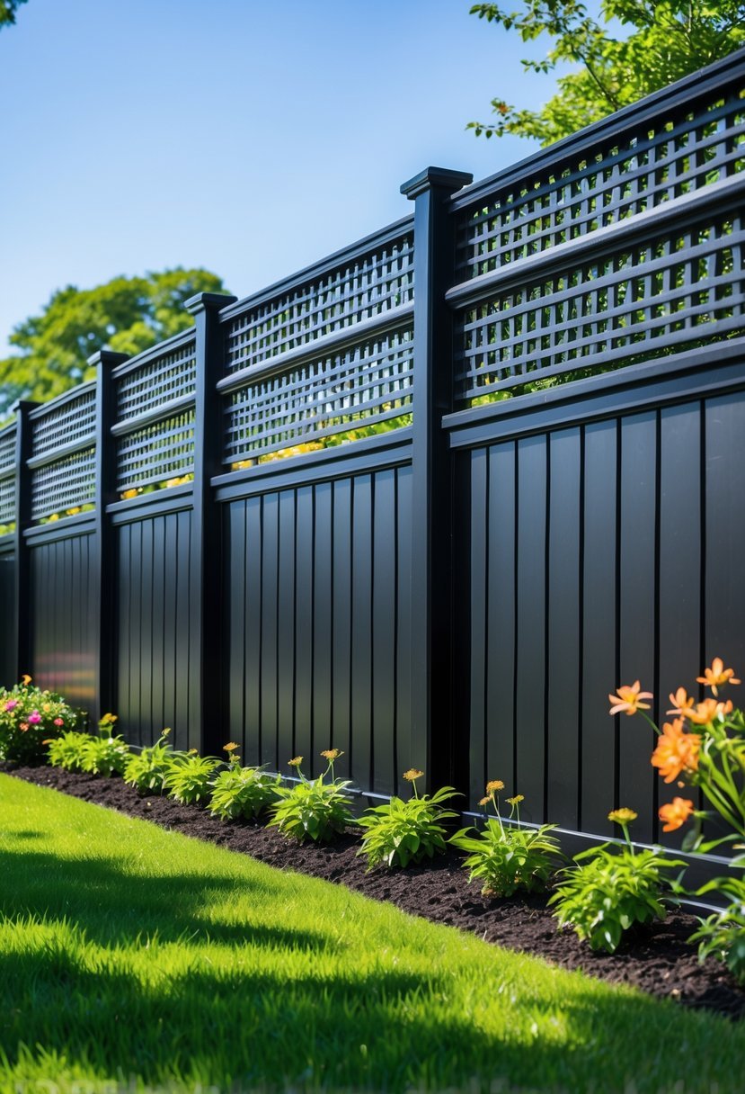 A black fence with a lattice top surrounded by green grass and flowering plants under a clear sky.