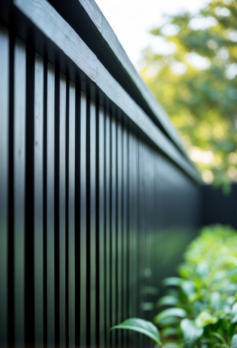 A black horizontal wooden slat fence with evenly spaced slats in an outdoor setting with greenery in the background.