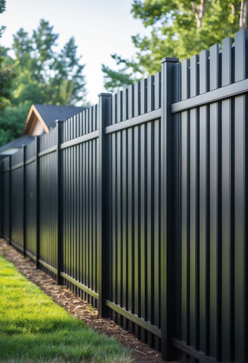 A black privacy fence with vertical panels in a backyard with green grass and trees.