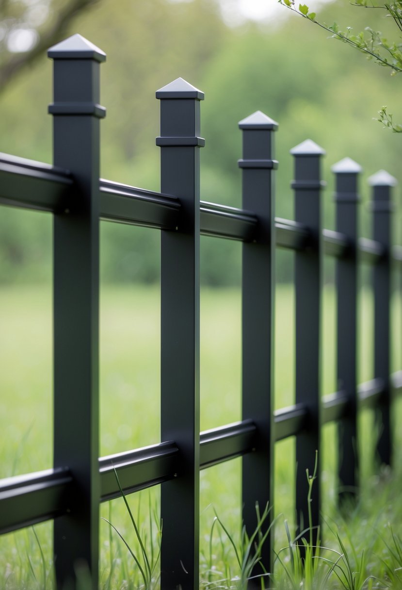 A black rail fence with simple vertical posts outdoors with grass and trees in the background.