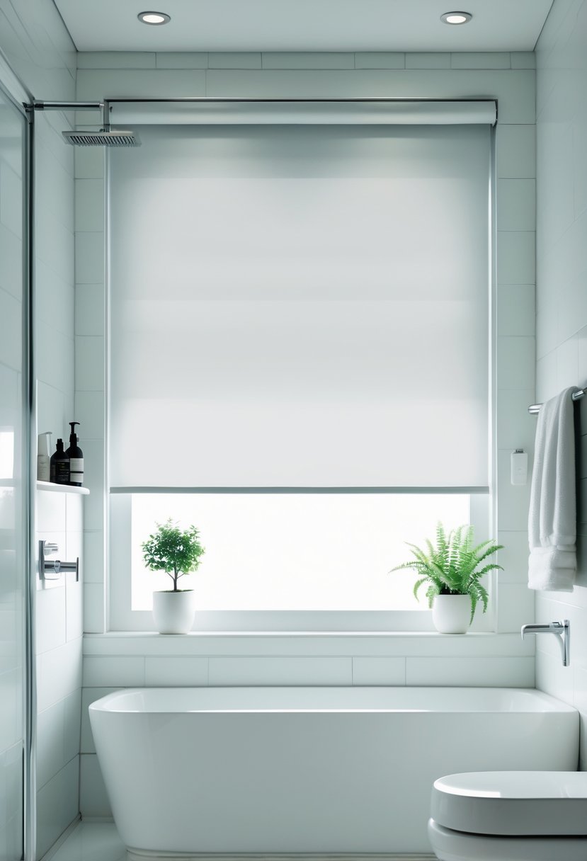 A modern bathroom with a large window covered by partially lowered waterproof vinyl roller blinds, white tiles, a bathtub, and a small plant on the windowsill.