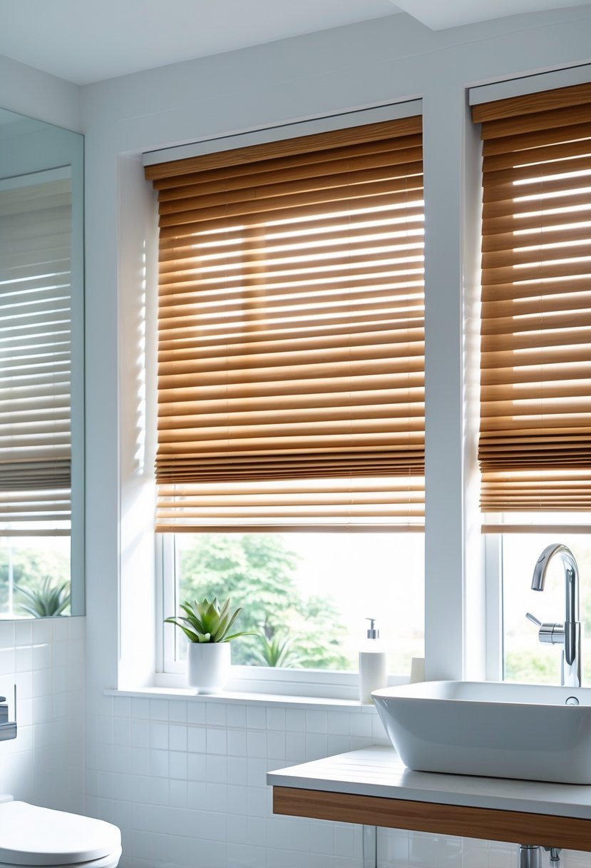 Bathroom with a window covered by partially open faux wood horizontal blinds, showing natural light and modern fixtures.