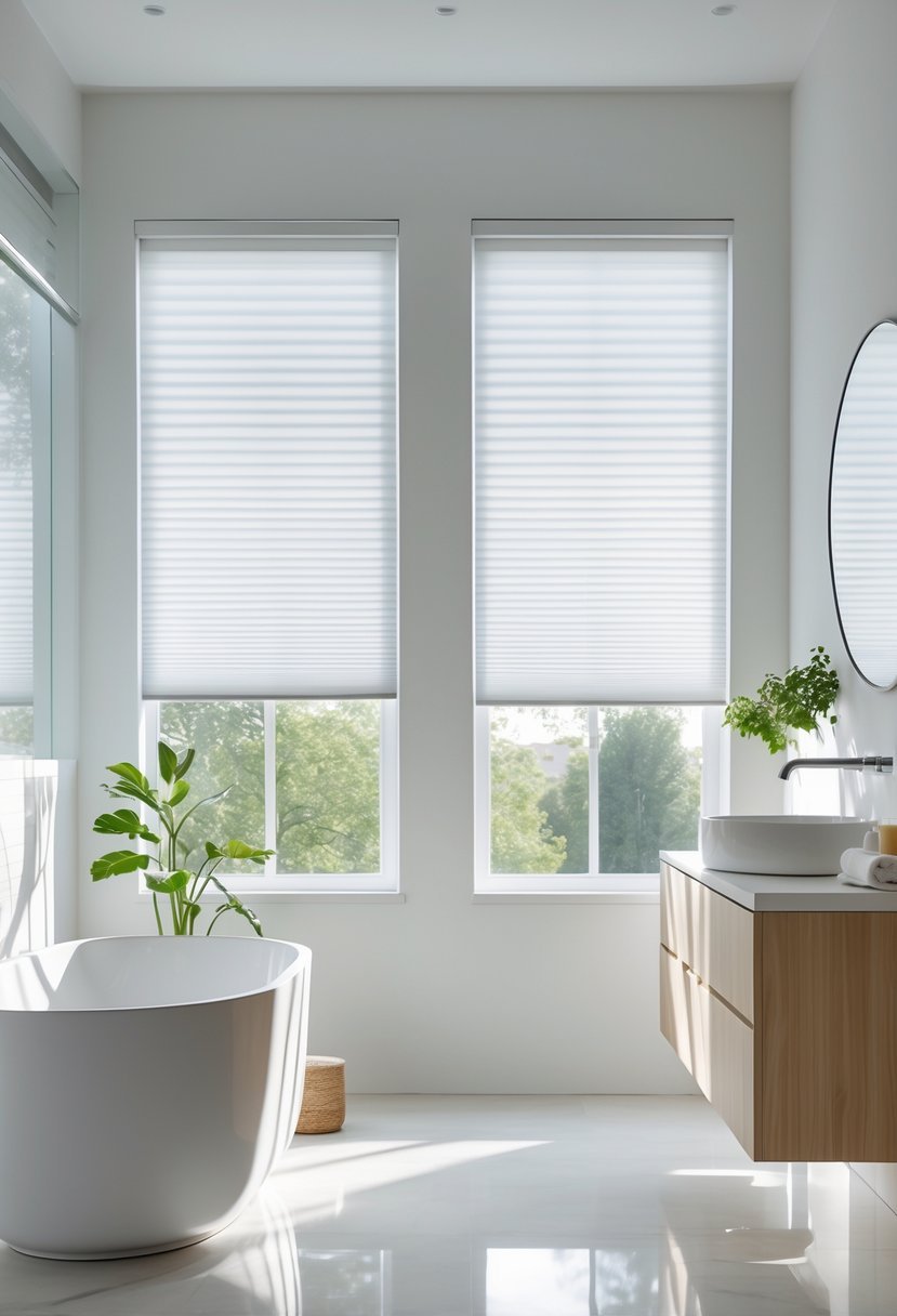 A modern bathroom with large windows covered by cellular shades, a freestanding bathtub, a vanity with a round mirror, and green plants.