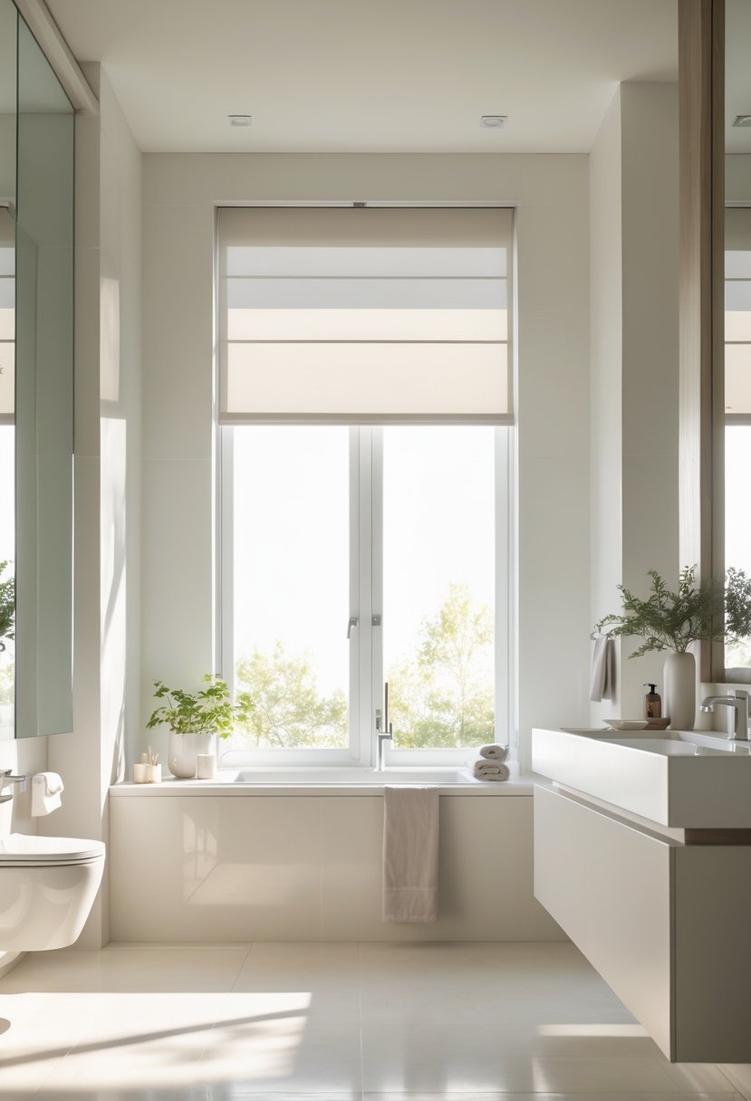 A modern bathroom with large windows fitted with smart motorized blinds partially lowered, featuring a vanity, mirror, and natural light.
