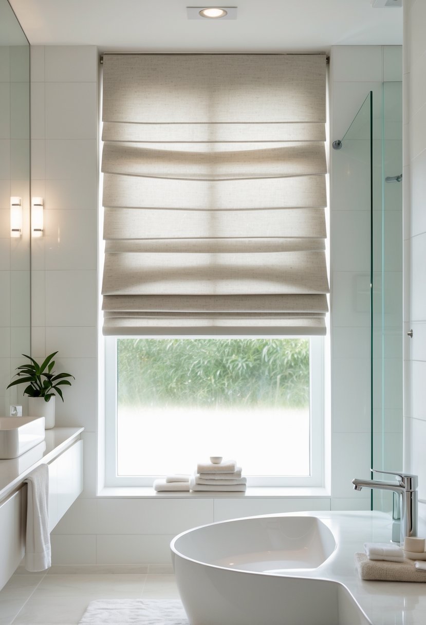 A modern bathroom with a window covered by folded Roman blinds, a sink with a faucet, a glass shower, and a small plant on the countertop.