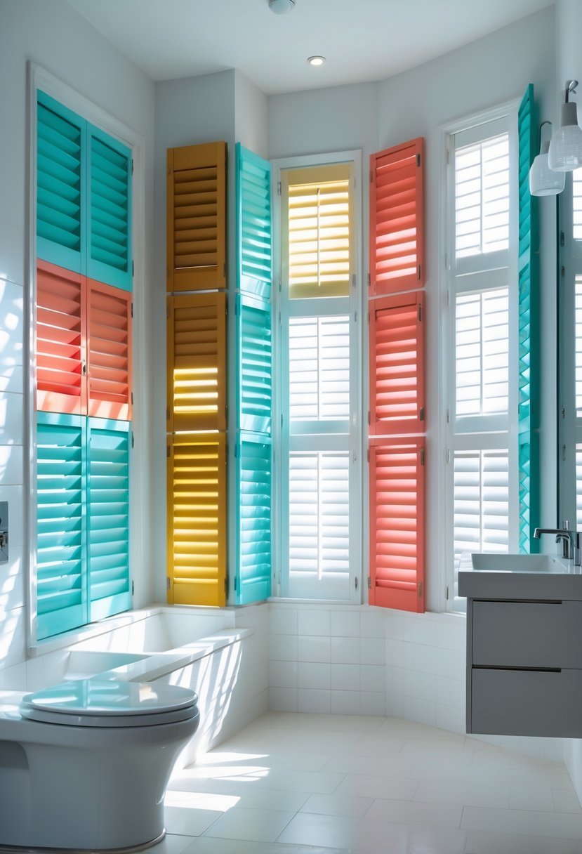 A bathroom with multiple windows featuring colorful plantation shutters in vibrant shades, letting in natural light.