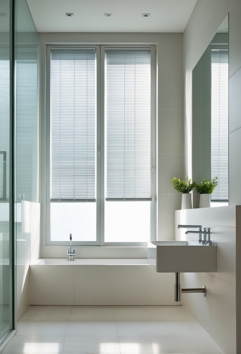 A modern bathroom with aluminum Venetian blinds partially open on a window, letting in natural light.