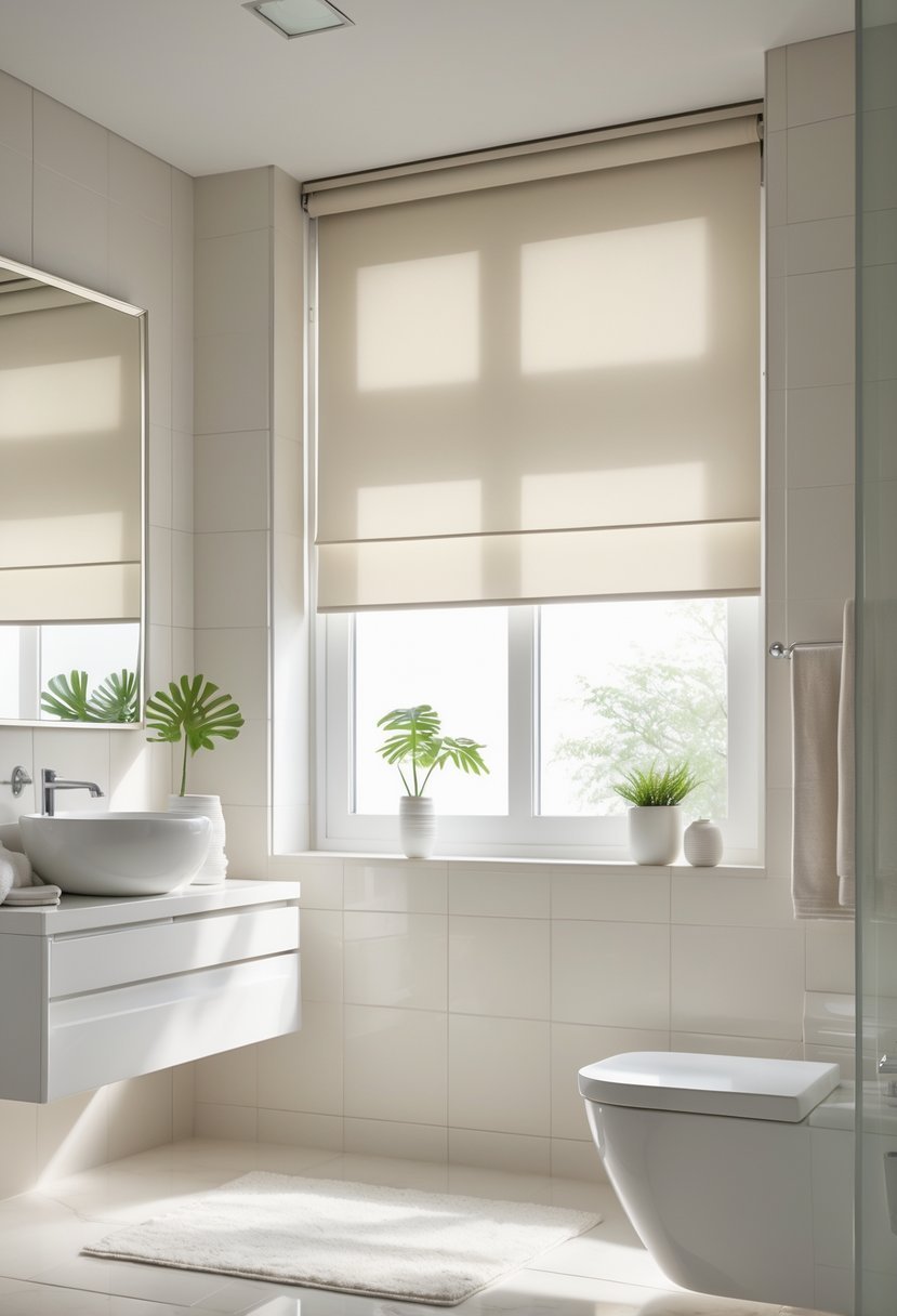 A modern bathroom with a window covered by partially lowered polyester roller blinds, featuring a sink, mirror, and bathroom accessories.