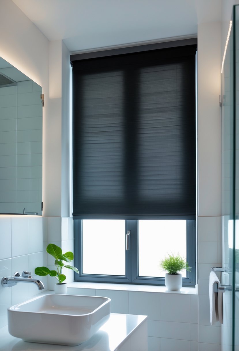 Modern bathroom with a window covered by closed blackout blinds, a white sink, and a small plant on the countertop.