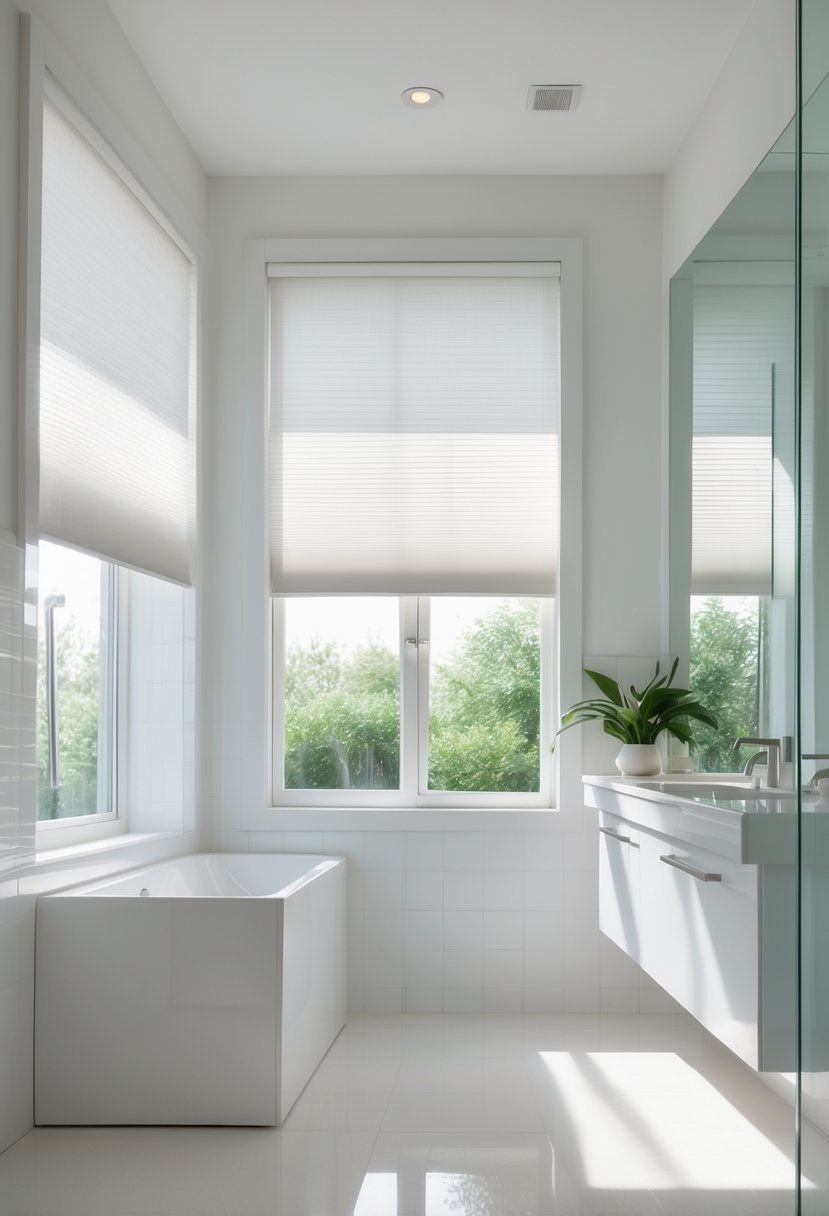 A modern bathroom with large windows covered by light-filtering cellular shades that softly diffuse sunlight, featuring a clean vanity and a small plant.