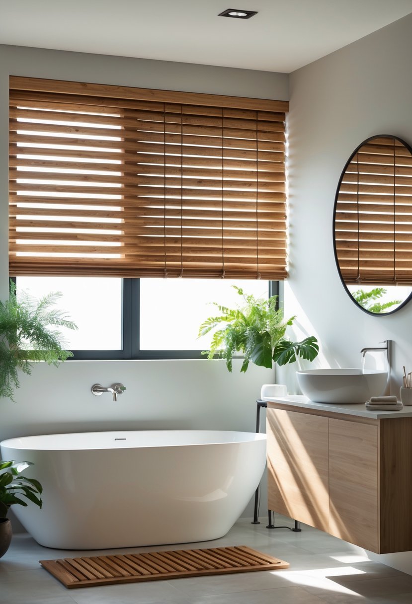 A modern bathroom with wood-effect composite blinds on a large window, a white bathtub, a vanity with a mirror, and green plants.