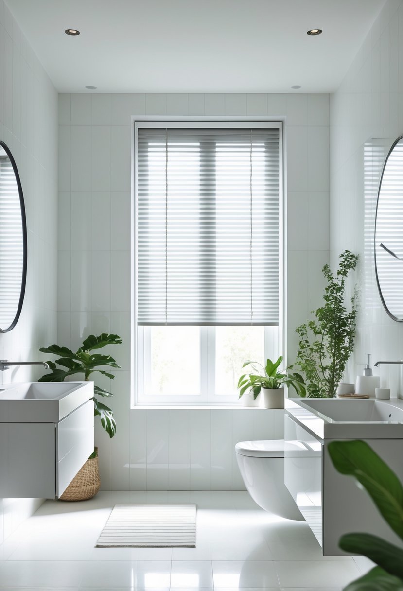 A modern bathroom with white tiles and a window covered by partially open PVC Venetian blinds letting in natural light.