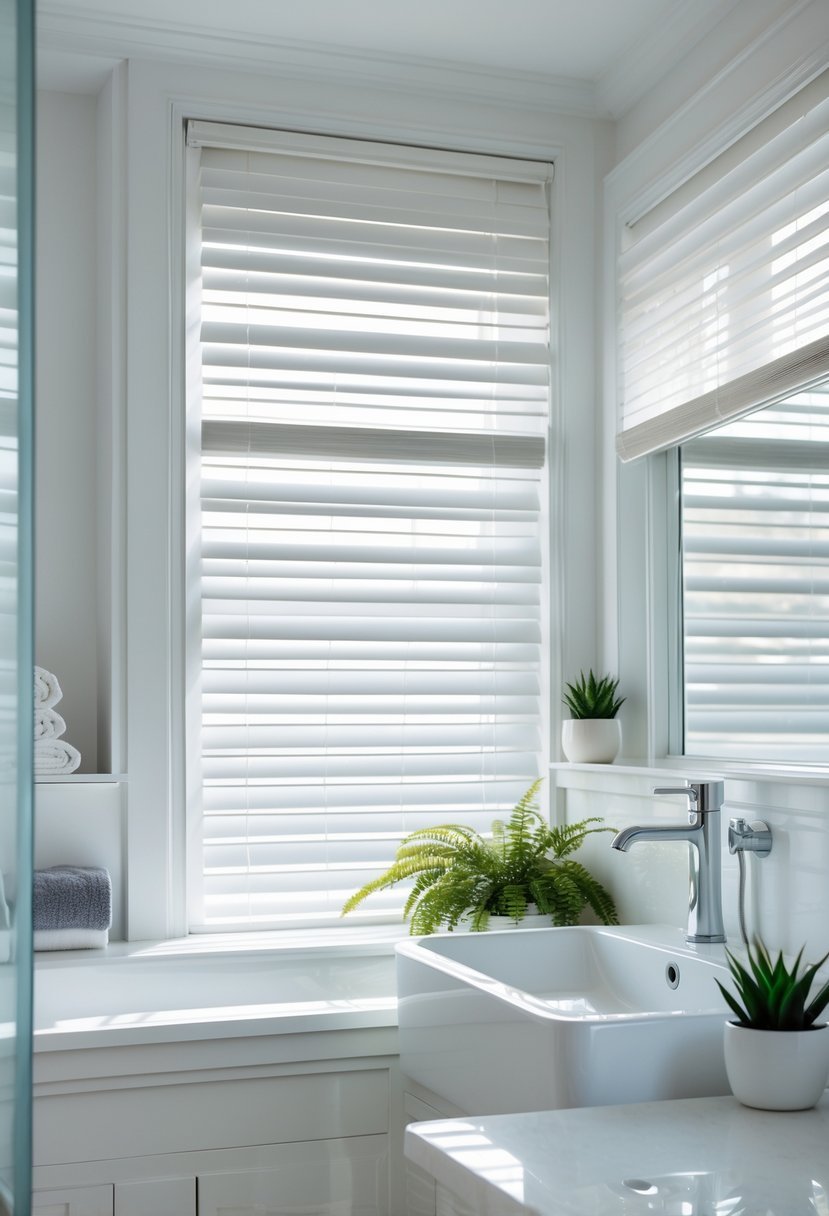 A bathroom with white faux wood slat blinds partially open on a window, letting in natural light.